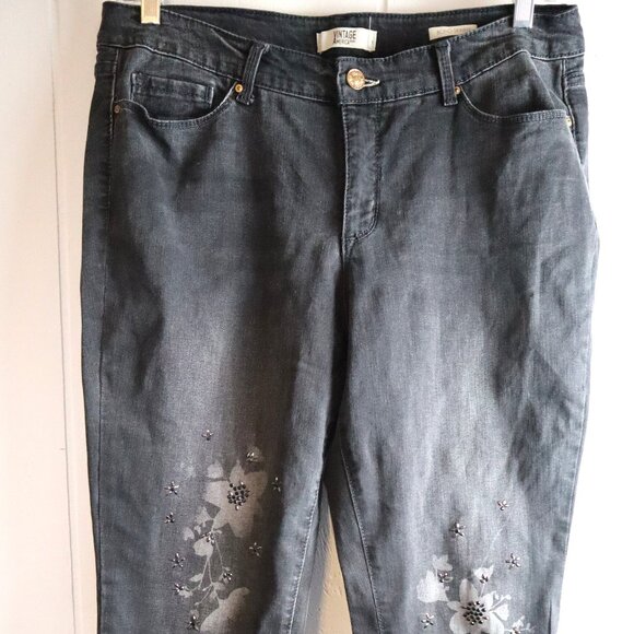 Vintage America Blues Dark Gray Floral Jeans Boho Skinny Womens 14R/32 Sparkle - Picture 1 of 7